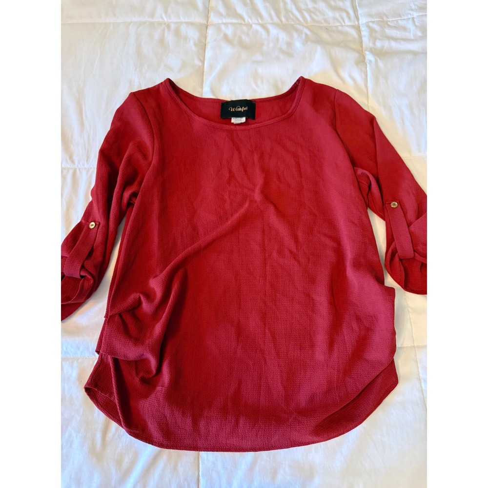 Wishful Red Roll Tab Sleeve Blouse Scoop Neck Textured Top Large E1795